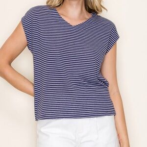 Staccato New Navy Striped V Neck Cap Sleeve Linen Blend Knit Top Boutique